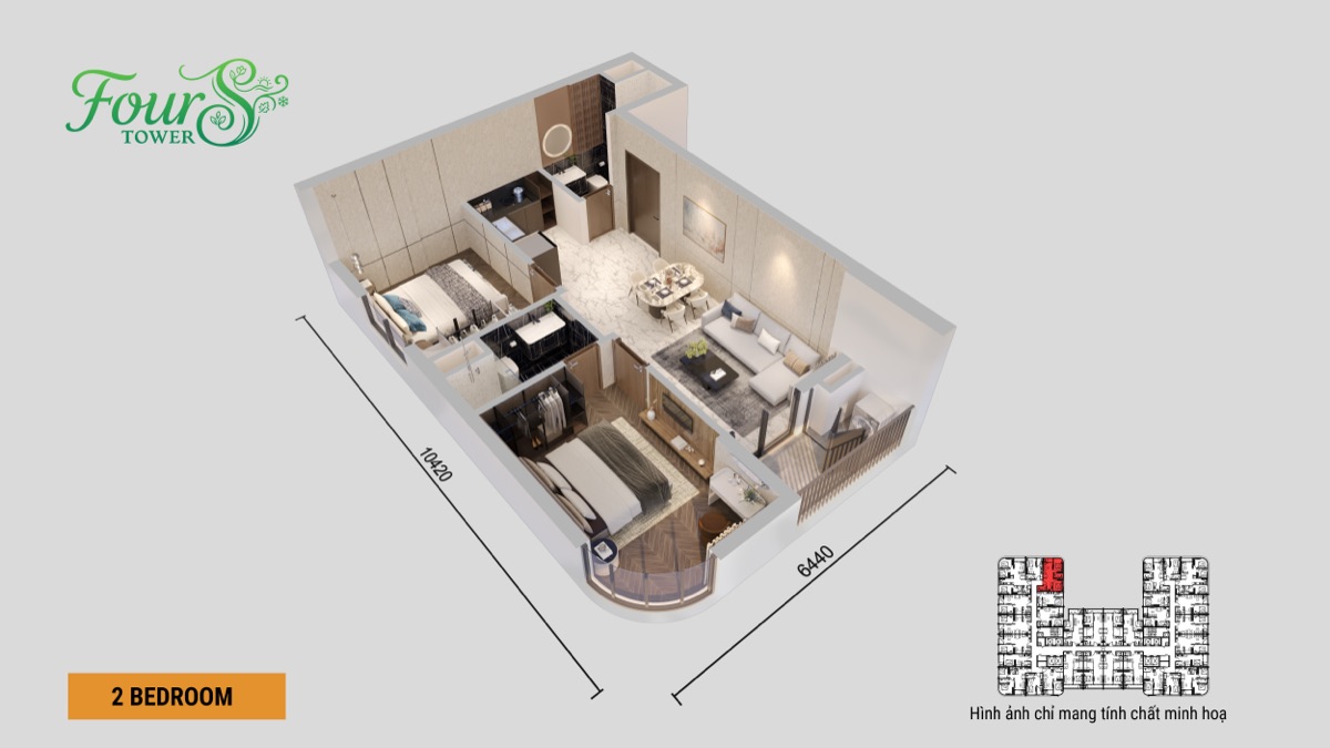 Phối cảnh 3D căn 2 phòng ngủ