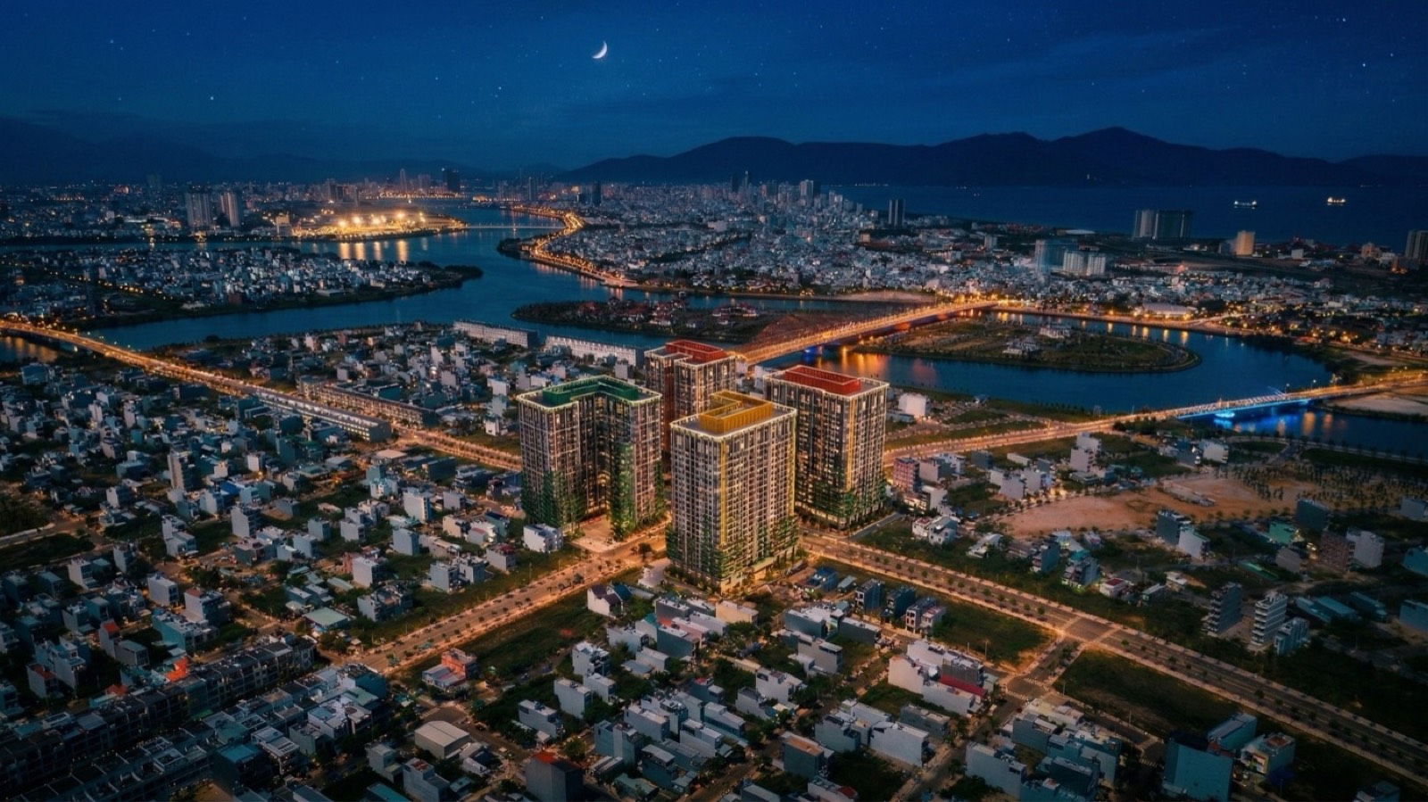 Ảnh ghép phối cảnh FourS Tower về đêm